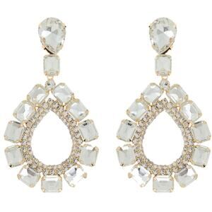 Gold Multi Gem Rhinestone Open Teardrop Dangle Earrings